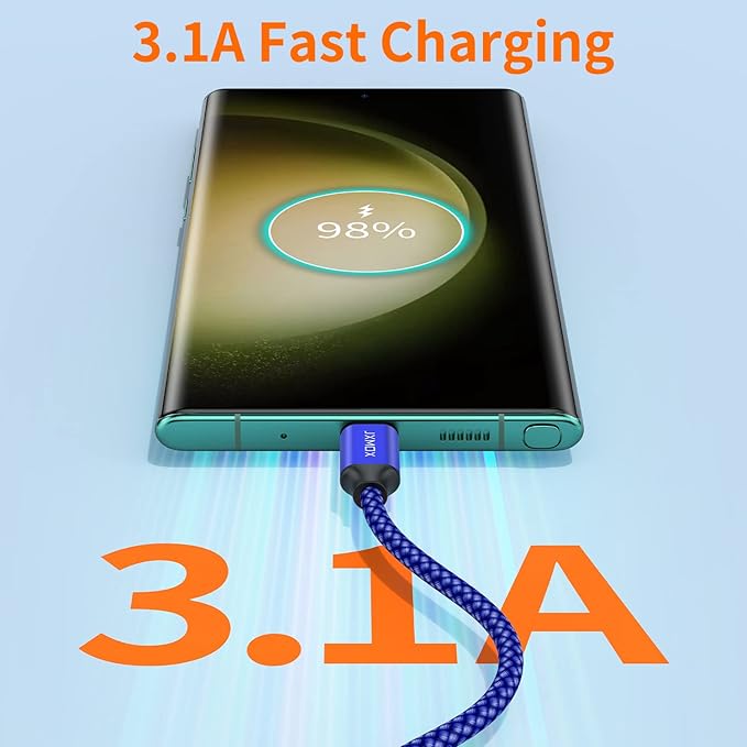 JXMOX USB Type C Cable (6.6ft 2-Pack), USB-A to USB C 3A Fast Charging Cord Compatible with iPhone 15 16 Pro Max, Samsung Galaxy S22 S21 S20 Ultra S10 S9 S8, Note 10 9 8 A80 A70, USB C Charger (Blue)