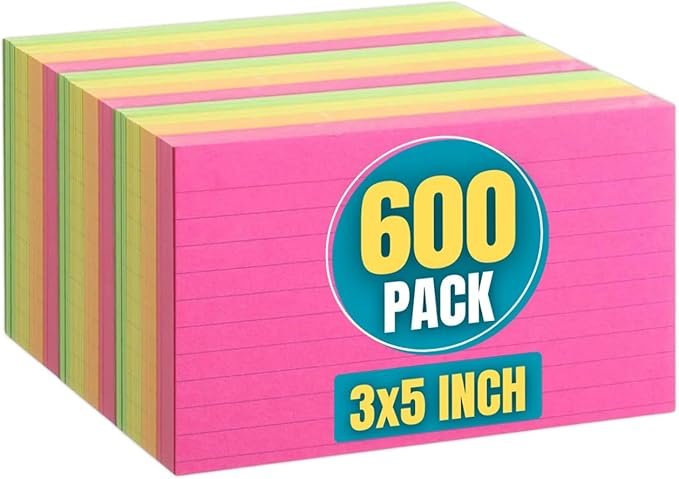 1InTheOffice Colored Index Cards 3x5, Ruled Neon Index Cards, Assorted, 600 Pack