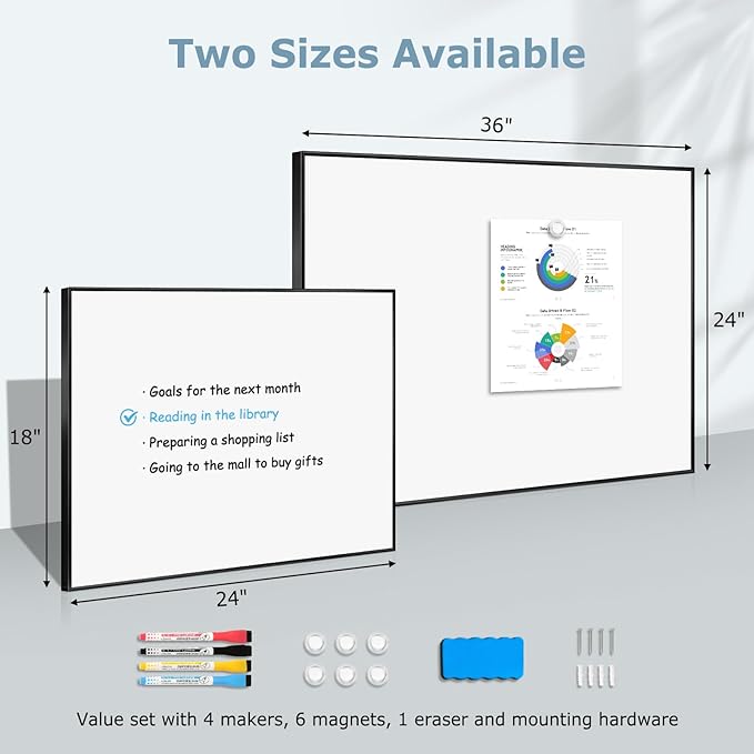 Magnetic Whiteboard, 24"x18" Dry Erase White Board for Wall, Hanging Presentation Board for Home, Office, School, Black Aluminum Frame