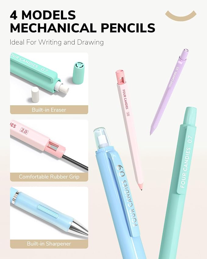 Four Candies 36PCS Mechanical Pencil Set with 624 Lead Refills (White) | 0.5mm, 0.7mm, 0.9mm & 2.0mm Mechanical Pencils, Aesthetic School Supplies for Writing, Drawing, Drafting and Note-Taking