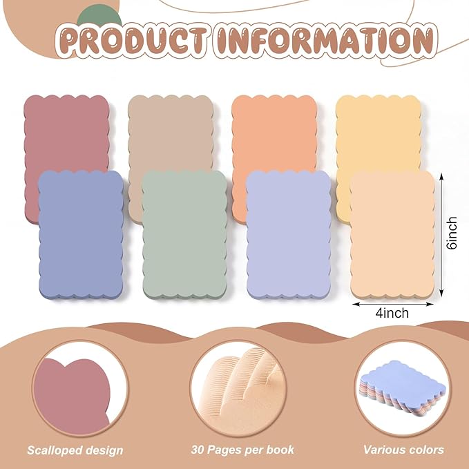 Eaasty 8 Pack Scalloped Aesthetic Sticky Notes Bulk Morandi Colors Cute Wavy Self Sticky Note Pads 4" x 6" Blank Note Pads for Back to School Office Supplies 240 Sheets