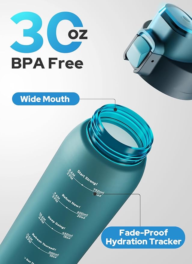 Opard Zip 30oz Plastic Water Bottle Dishwasher Safe, Leakproof Flip-Top Lid, BPA Free Tritan, Wide Mouth Reusable Sports Water Bottle for Gym Hiking Commuting Outdoor Travel and School