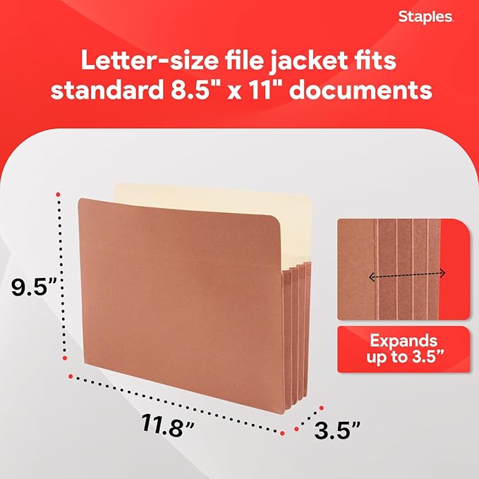 Staples Reinforced File Pockets, Letter Size, 3.5‑Inch Expansion, Heavy‑Duty Brown Accordion Files for Organization – 25/Pack