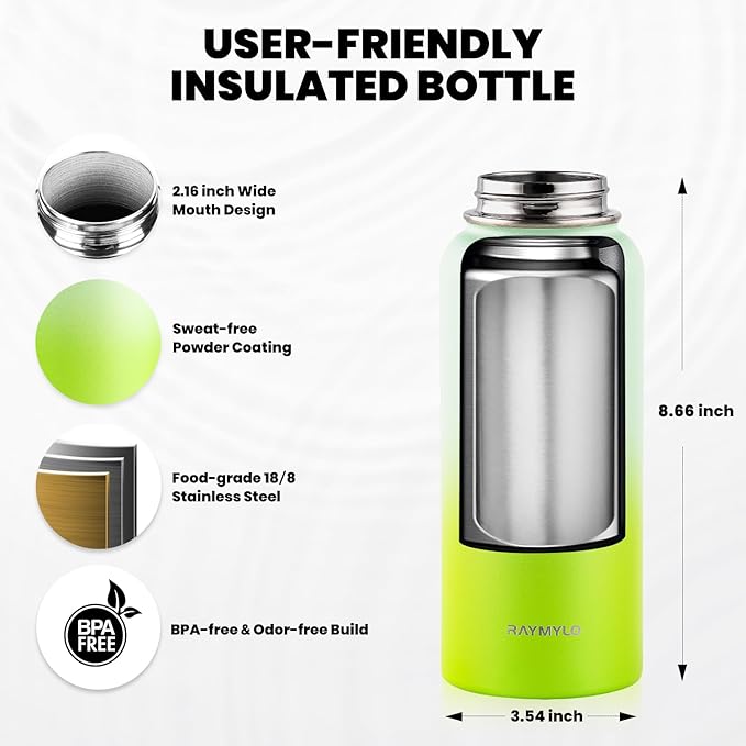 RAYMYLO Insulated Water Bottle 32 oz, Triple Wall Vacuum Stainless Steel (Cold for 24Hrs, Hot for 12Hrs), Leak Proof & Non-BPA, Modern Water Flask Jug with Paracord Handle & Straw Spout Lids