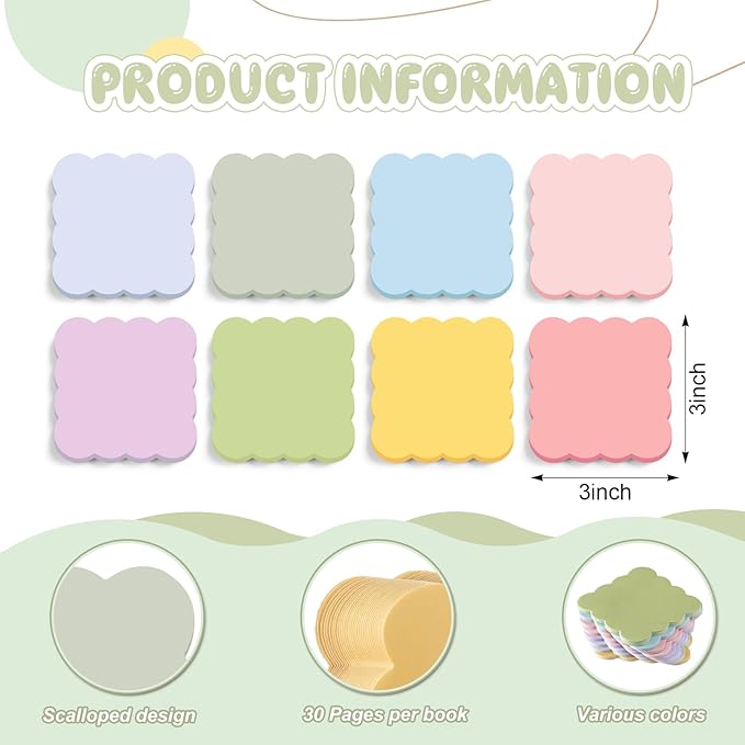 Eaasty 8 Pack Scalloped Aesthetic Sticky Notes Bulk Pastel Cute Wavy Self Sticky Note Pads 3" x 3" Blank Rainbow Colors Note Pads for Back to School Office Supplies 240 Sheets