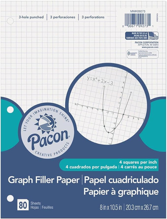 Pacon Filler Paper, White, 3-Hole Punched, 1/4" Grid Ruled 8" x 10-1/2", 80 Sheets