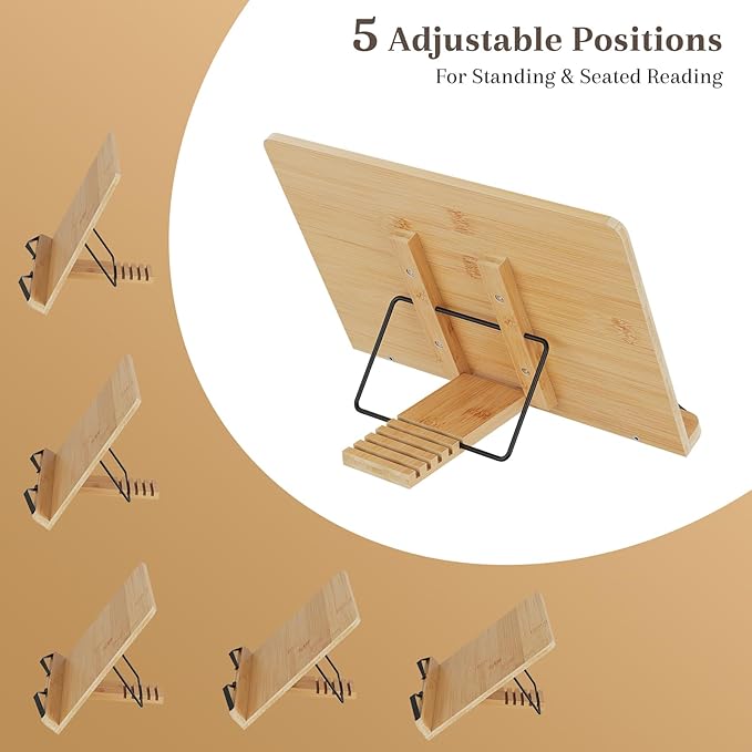 Bamboo Book Stand, Adjustable Book Holder, Music Stand - Lightweight and Stable for Cookbook, Textbook, Notebook, Desk Home Office Kitchen (Medium)