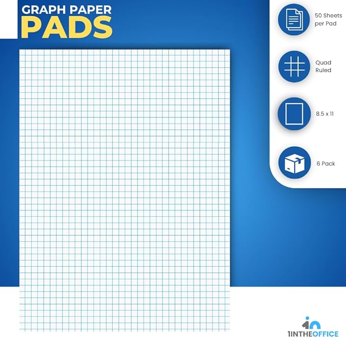 1InTheOffice Graph Paper Pad, Graphing Paper, Graph Paper Loose Leaf, Graph Paper Pads 8.5 x 11, Quad Ruled, 50 Sheets/Pad, 6 Pack