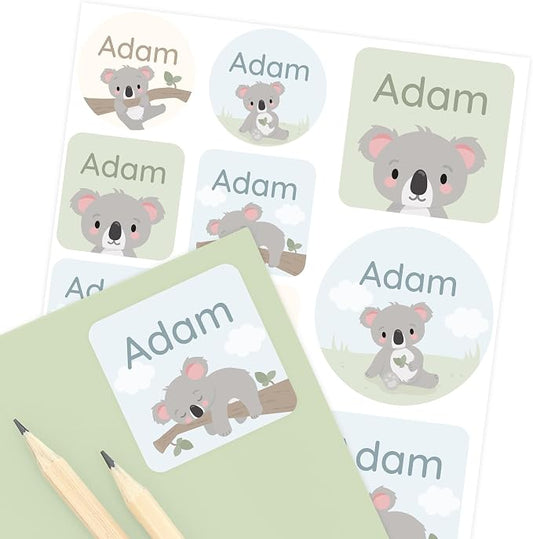 Camp Name Labels for Kids (33) – Custom Waterproof Stickers for Water Bottles, Lunch Boxes, Daycare & School with Unique Designs - Koala