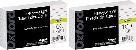 Oxford Index Cards, 3" x 5", White, 100 Per Pack | Heavyweight | Ruled | Pack of 2