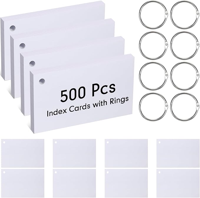 Yexiya 500 Pcs Index Cards with Rings Study Supplies Punched Lined Flash Cards with Holes Ruled Single Hole Notes and Metal Rings for Adults Office(3 x 5 Inch,Blank White)