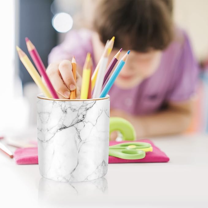 Pen Holder for Desk Cute, Modern Marble Desk Organizer, Durable Ceramic Pencil Cup, Makeup Brush Holder Cup, Multifunctional Office Stationery Holder for Women, Men, White Marble