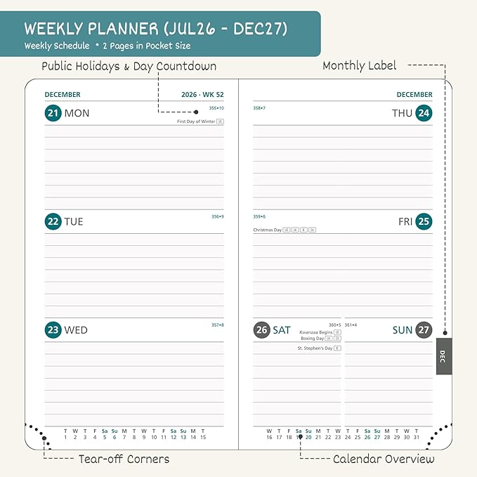 BEZEND Pocket Planner 2026-2027 Weekly and Monthly (3.5" x 6") 18 Months Small Academic Calendar (Jul 26-Dec 27) Ideal for Students, Work & Home, Storage Pocket, PU Leather Hardcover -Lavender