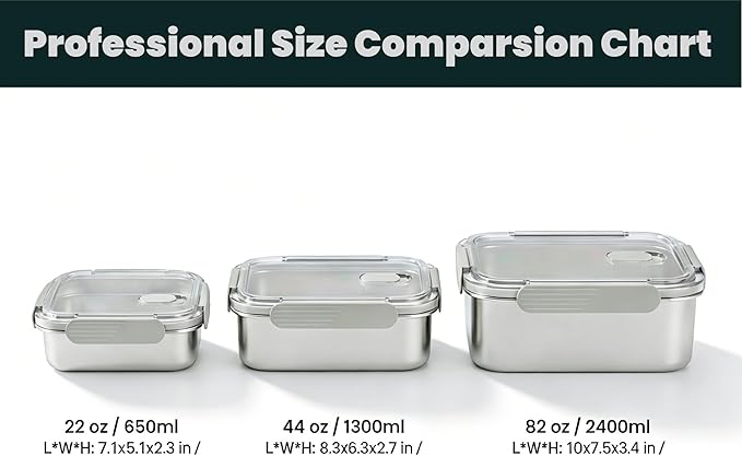 Stainless Steel Food Storage Containers with Leak-Proof Latching Lid, Reusable Bento Lunch Box for Snacks & Meal Prep, Oven/Dishwasher/Freezer Safe, Silver, 44oz