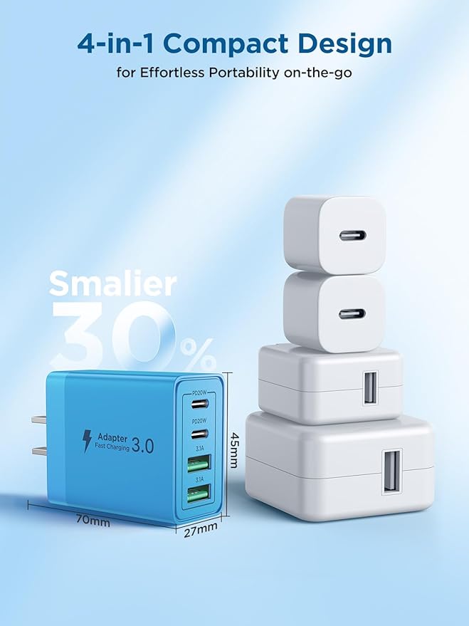 40W USB C Charger Block, 4-Port Type C Fast Charging Brick Dual PD&QC Wall Plug Adapter Wall Charger for iPhone 17/16/16 Pro/ 16 Pro Max/15/14/13/12, iPad, Airpods, iwatch, Samsung Galaxy