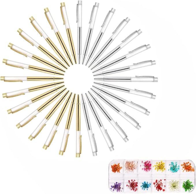 28 Pack Colorful Empty Tube Floating DIY Pens, with 12 Kinds of Dried Flowers Building Your Favorite Liquid Sand Gift Sliver Gold