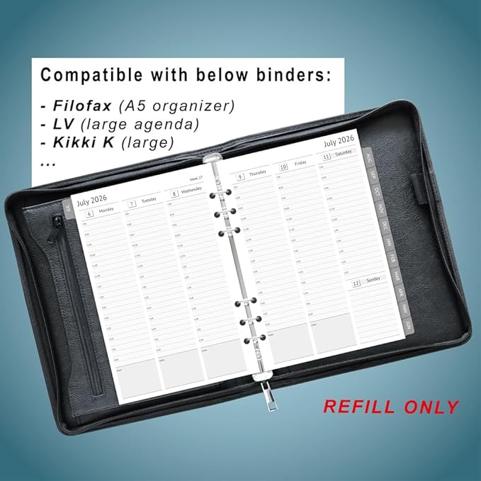 newestor 2026-2027 A5 Planner Inserts, Filofax A5 Compatible, Jul 2026 - Jun 2027, Weekly and Monthly Appointment Book Pages, Tabbed, 6 Holes