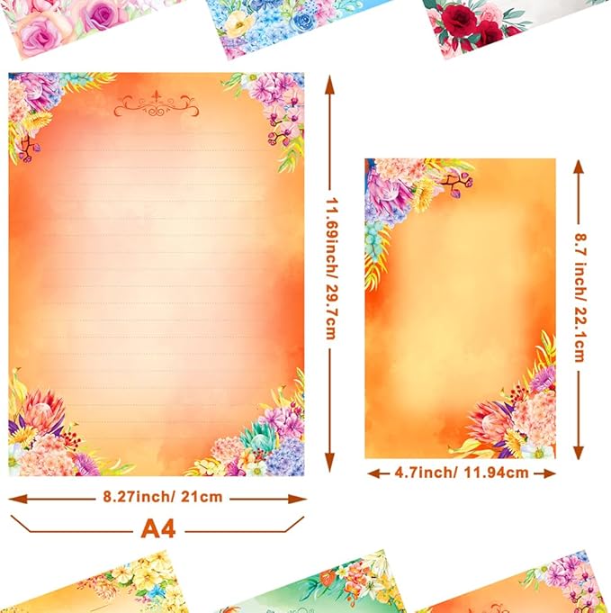 Anzon Mories A4 60 Pieces Cute Stationary Writing Paper and Envelope Set (2 Sides Colored, 1 Side Lined) 30 Sheets, 30 Pcs Envelopes, Kawaii Letter Stationery Floral Decoration