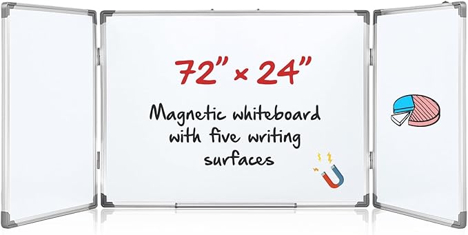 AmazingSpark 72" x 24" Foldable Whiteboard Dry Erase Board Large Tri Folding Whiteboard Magnetic Dry Erase Board, Wall Aluminium Frame and Flip Out Pen Tray for Office, Home