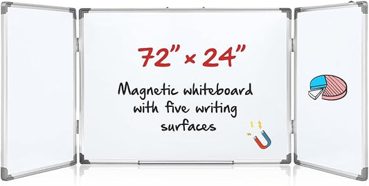 AmazingSpark 72" x 24" Foldable Whiteboard Dry Erase Board Large Tri Folding Whiteboard Magnetic Dry Erase Board, Wall Aluminium Frame and Flip Out Pen Tray for Office, Home