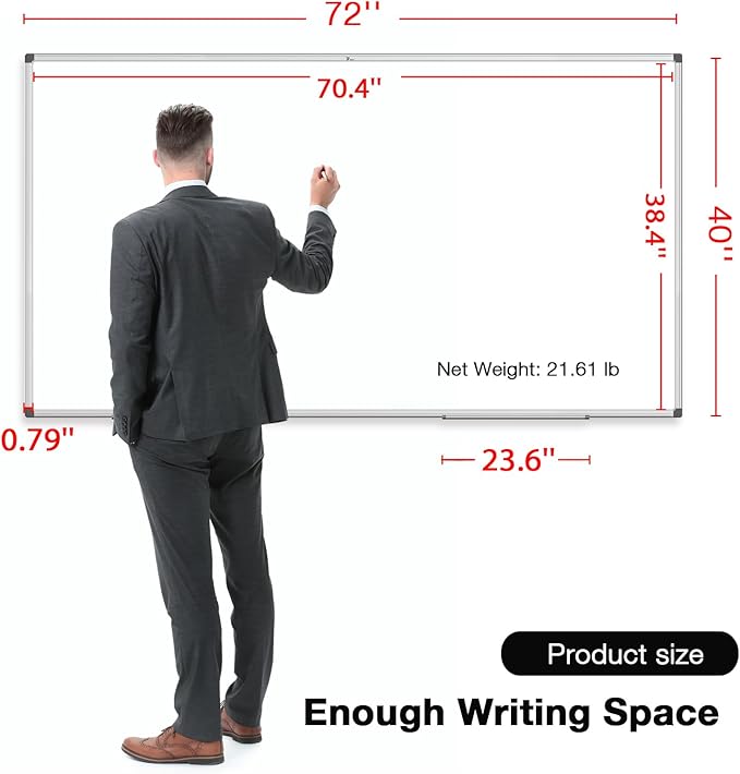TOWON Magnetic Dry Erase Board, 72 x 40 in White Board Dry Erase, Aluminum Framed Whiteboard for Wall, Large Dry Erase Board Wall Mounted with Markers, Pen Tray, Magnets, Cleaning Wipe, Silver Border