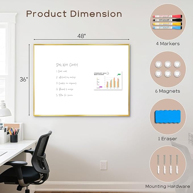 Large White Board for Wall, 48'' x 36'' Big Magnetic Dry Erase Whiteboard with Gold Aluminum Frame, Hanging Writing Board for Home, Office, School