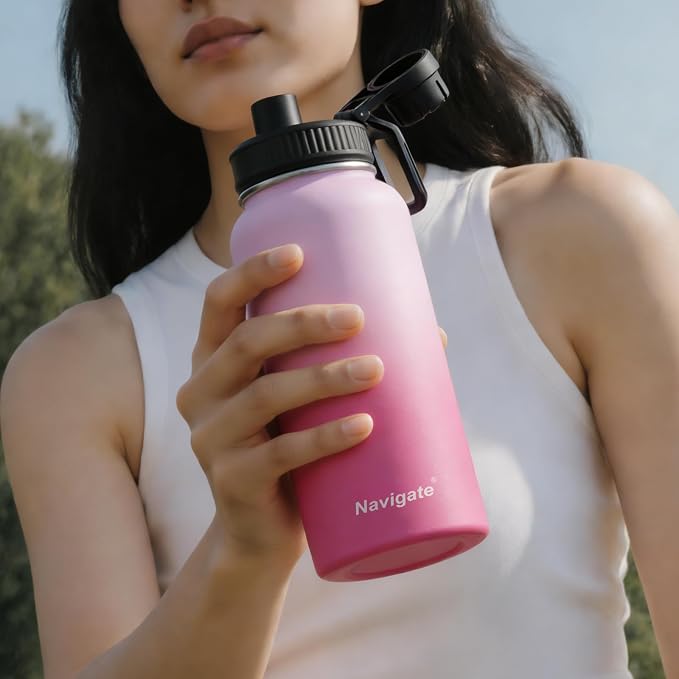 Navigate 32 oz Insulated Stainless Steel Sports Water Bottle with Spout & Handle Lids,Wide Mouth Water Jug with Double Walled Leak Proof Keep Cold for 24 Hrs Hot for 12 Hrs,Pink Gradient