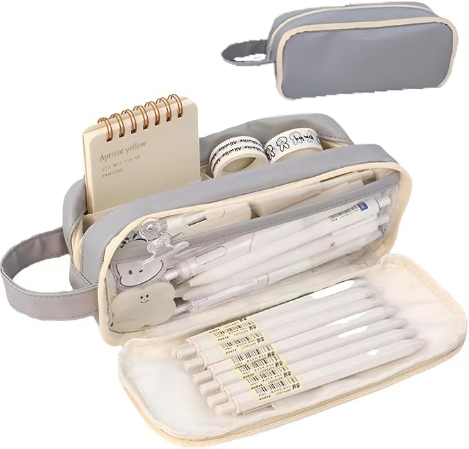 Big Capacity Pencil Case 5 Compartments Large Pencil Pouch Pen Bag Pencil Box Holder Organizer Simple Storage Aesthetic Stationery Cosmetic for Adults Men Women College Office Essentials (Grey)