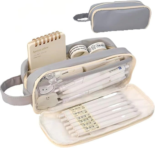 Big Capacity Pencil Case 5 Compartments Large Pencil Pouch Pen Bag Pencil Box Holder Organizer Simple Storage Aesthetic Stationery Cosmetic for Adults Men Women College Office Essentials (Grey)