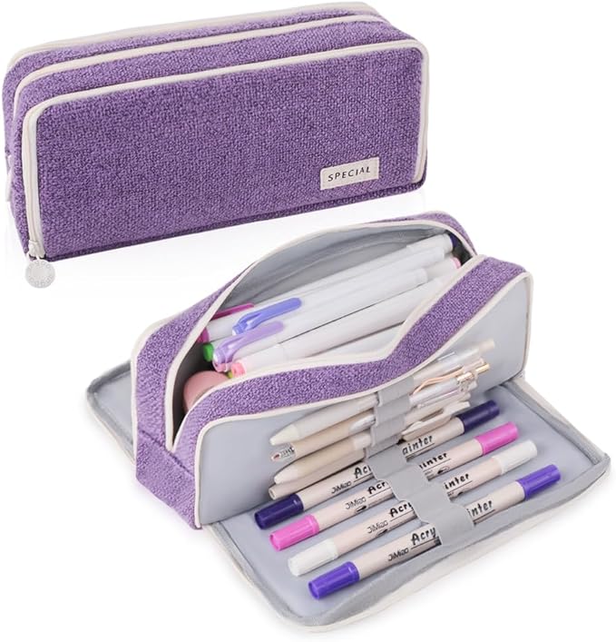 iSuperb Large Pencil Pouch 3 Compartments Pencil Case Big Capacity Pencil Bag for Kids Teen Girls Boys Student School Supplies Pen Organizer Holder Bag (Purple)