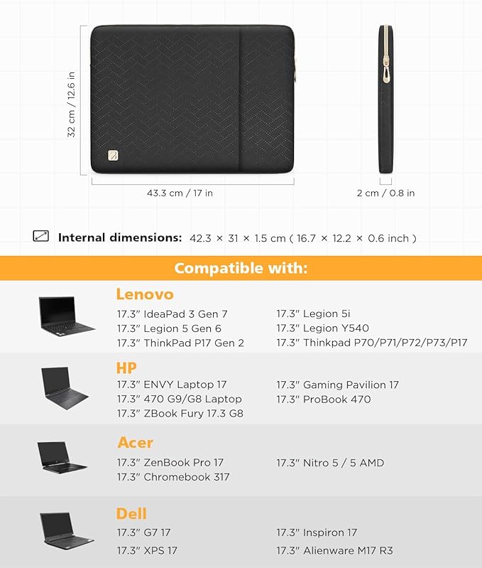 NIDOO Laptop Sleeve 17 inch Computer Protective Carrying Case Portable Cover for 17.3 inch Lenovo Legion 5 / IdeaPad 3 Gen 7 / Dell G7 17 / XPS 17 / HP Laptop 17-cp1773ng / Asus ZenBook Pro 17