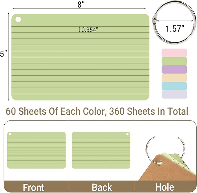 zmybcpack 6 Pack 360 Pcs Lined Index Cards 5 x 8 Inches, Assorted Colored Flash Cards with Ring, Lined Note Cards Study Flashcards for School, Office, College
