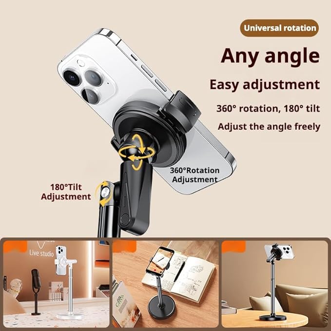 Height Adjustable Phone Stand for Desk, Retractable Desktop Phone Holder, 180° Flip & 360° Rotation Design，Compatible with iPhone/Android Devices,Ideal for Live Streaming and Video Recording (White)