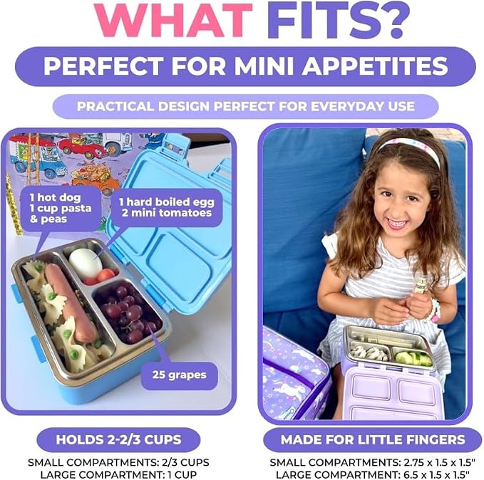 kinsho Small Stainless Steel Lunch Box for Baby Toddlers, Purple Unicorn | Mini Bento, 3 Eco Metal Portion Sections, Leakproof Lid, Spill-Proof, 18 oz Kids Girls Snack Container Pre School Daycare