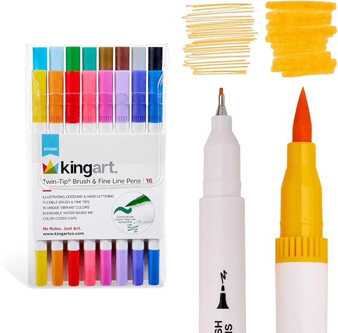 KINGART 16 Double Tip Brush Pens Art Markers, Artist Fine & Brush Pen Coloring Markers for Adult Book Cards Drawing Craft Kit Teacher Office Supplies