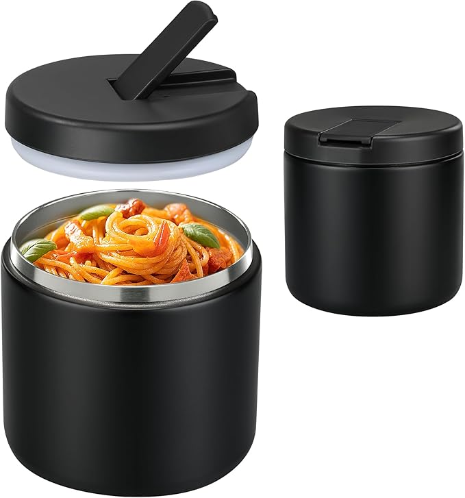 Pawtong 19oz Insulated Vacuum Food Jar with Buckle Lid Wide Mouth Soup Thermo for Hot Food Kids Leakproof Stainless Steel Lunch Container- Black-1Pack