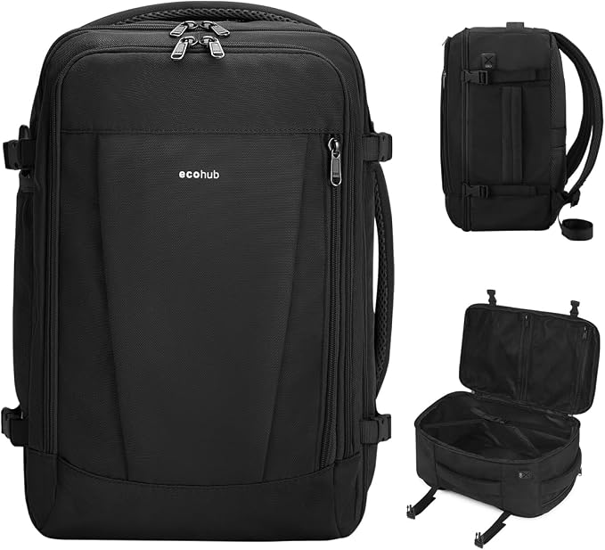 ECOHUB Small Travel Backpack 17" United Airlines Personal Item Bag Black | 16.7"x10"x8" Small Backpack with 13 Pockets Water Resistant Carry on Backpack with USB Port Luggage Sleeve for Women Men