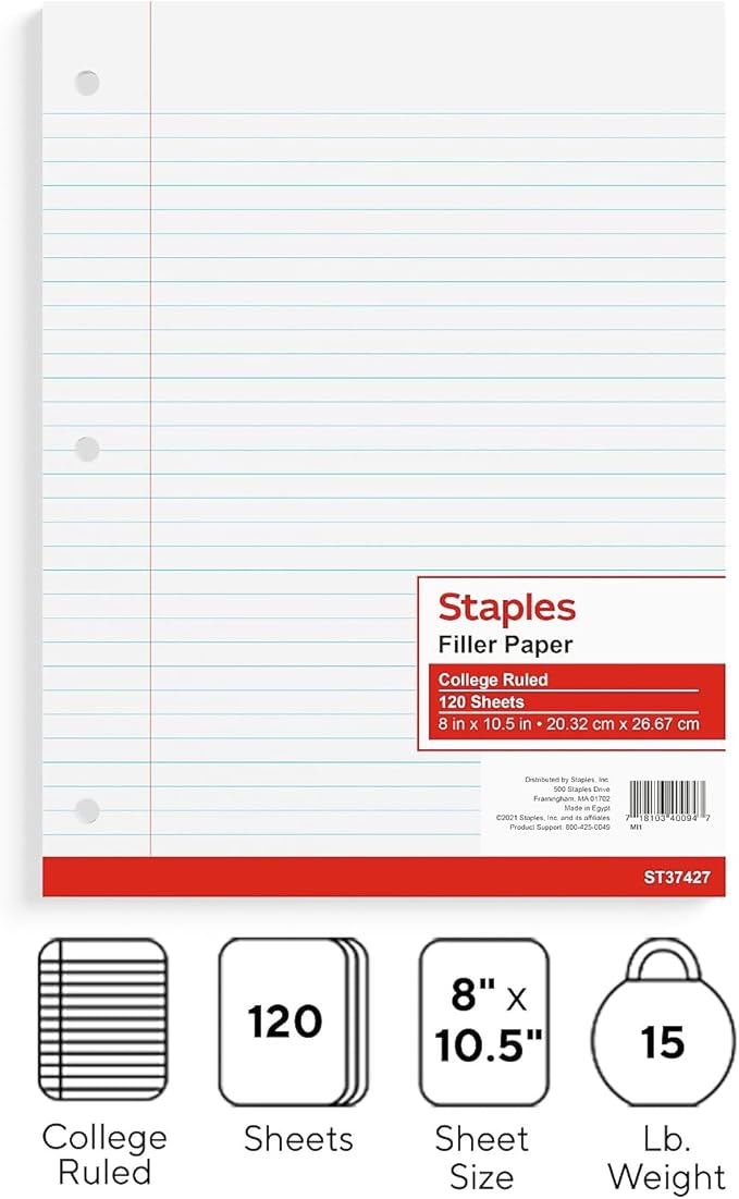 STAPLES College Ruled Filler Paper, 8” x 10.5”, White, 360/Carton