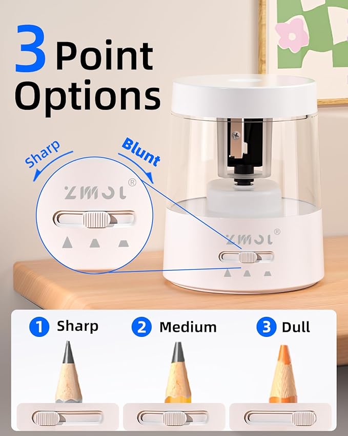 ZMOL Electric Pencil Sharpener - Battery/USB Powered, 3 Sharpening Modes, for No.2 & Colored Pencils, White