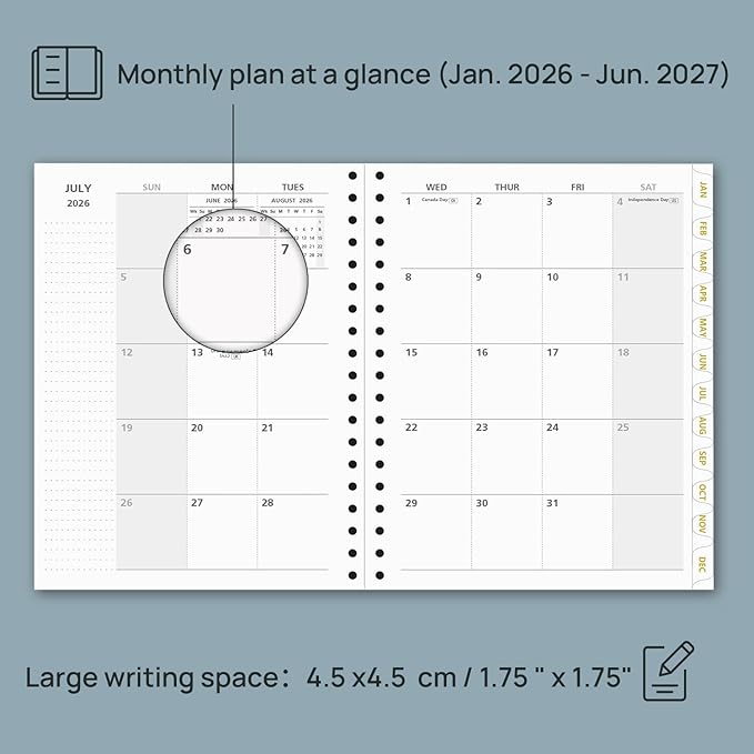 POPRUN Monthly Planner 2026-2027 Spiral Hardcover (8'' x 10''), 18 Months Calendar (Jan.2026-Jun.2027) - 2 Pages per Month with Dotted Note Pages, Sunday Start, Laminated Tab - Orange