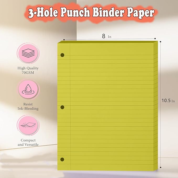 Loose Leaf Paper, 300 Sheets, Wide Ruled, 8" x 10.5", 6 Pack, 70gsm Notebook Paper Filler Sheets, 3 Hole Punched, 50 Sheets/Pack, Wide Ruled Office Filler Writing Notepads for 3 Ring Binder, Yellow