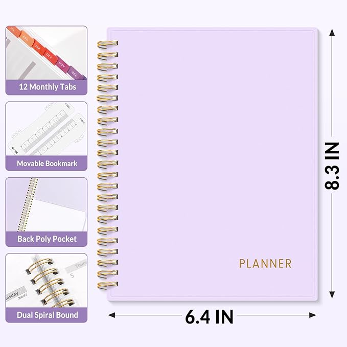 SUNEE Academic Planner 2026-2027 – Weekly & Monthly Planner, July 2026 to June 2027, 6.4"x8.3", Thick Paper, Tabs, Pockets, Bookmark, Spiral-Bound, Student Teacher Organizer, Purple