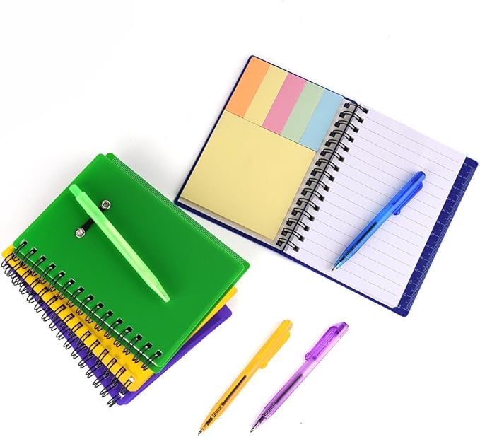 Coopay 4 Pieces Spiral Notebook Steno Pocket Notepad with Pen in Holder and Sticky Notes, Page Marker Index Tabs Flags Making Plans Writing Memos Office School Supplies (Yellow, Blue, Purple, Green)