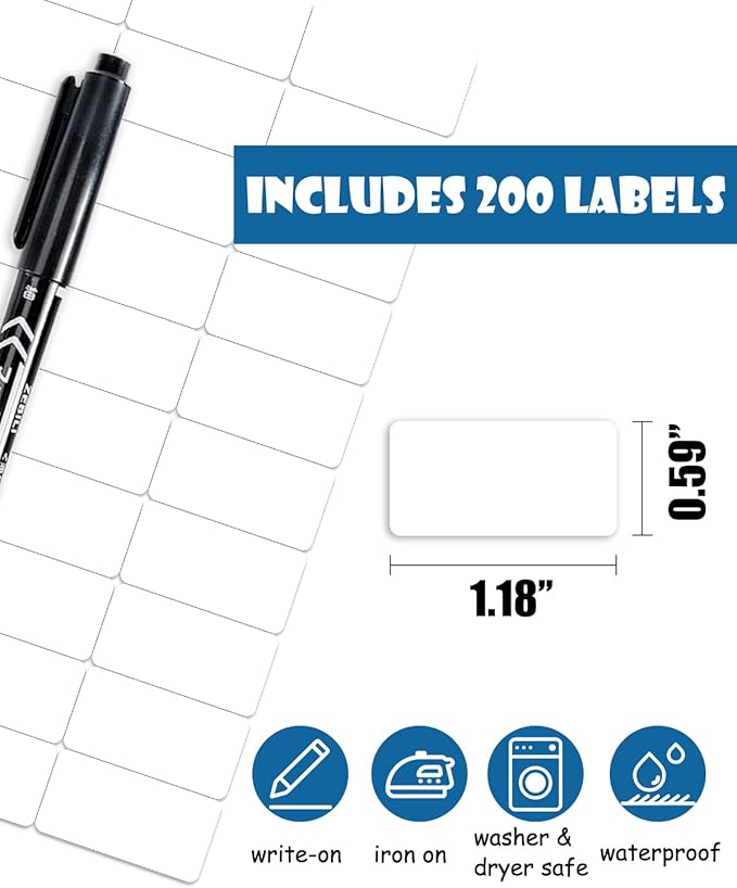 Writable Iron on Clothing Labels, Fabric Labels Name Tags for Daycare, Nursing Home, Camp, School, Laundry, Organizing, Washer & Dryer Safe, Pack of 200 - Size 0.5'' x 1.75'', with 1 Permanent Marker