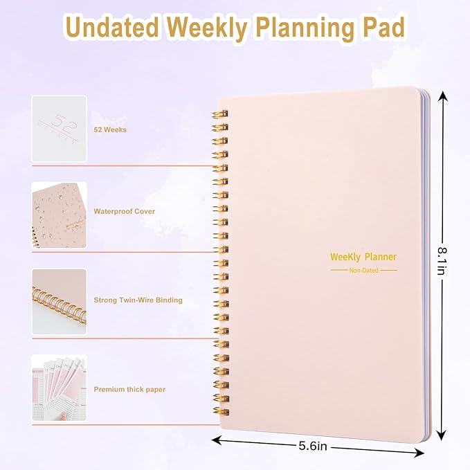 Undated Weekly Planner, A5 Personal Goals Journal Non Dated Weekly Planner to Do List Notebook with Goal Habit Tracker Organizer, Cute Undated Week Planners with Spiral Binding for Kids School Work