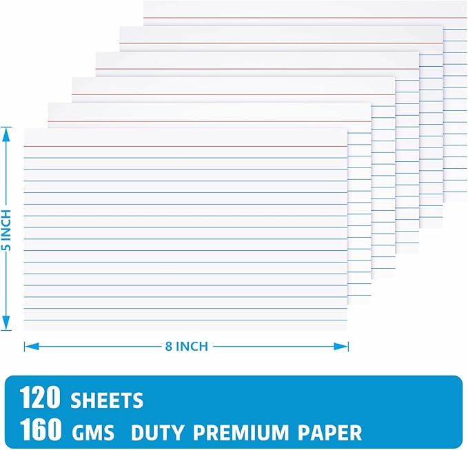 120 Count Index Cards 5x8 Inch, YIZUUN Large Index Cards Ruled, Flash Cards for Studying, Large Note Cards 5x8 for Studying, Recipes, Memo Cards, Office Supply, DIY, Presentation
