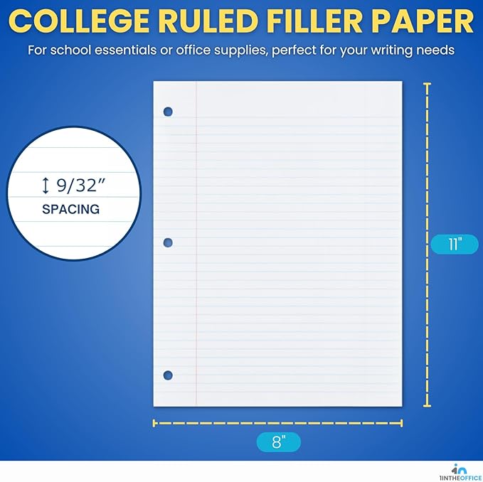 1InTheOffice Loose Leaf Paper College Ruled, Filler Paper, Notebook Paper College Ruled, 8" x 11", 3-Hole Punched, 400 Sheets