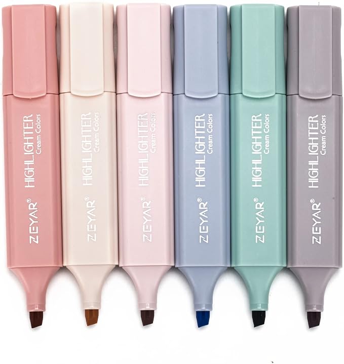 ZEYAR Highlighter Pen, Cream Colors Chisel Tip, Aesthetic Highlighter Marker, Water Based, Quick Dry, No Bleed, for Bible Study Notes Office (6 Youth Colors)