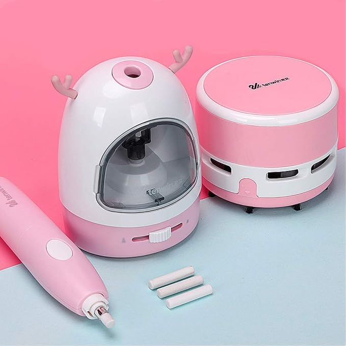 Electric Pencil Sharpener Stationery Set Gift Box Desktop Vacuum Cleaner Electric Eraser with Replacement Blade, Eraser, Battery Operated Automatic Sharpener, Pink