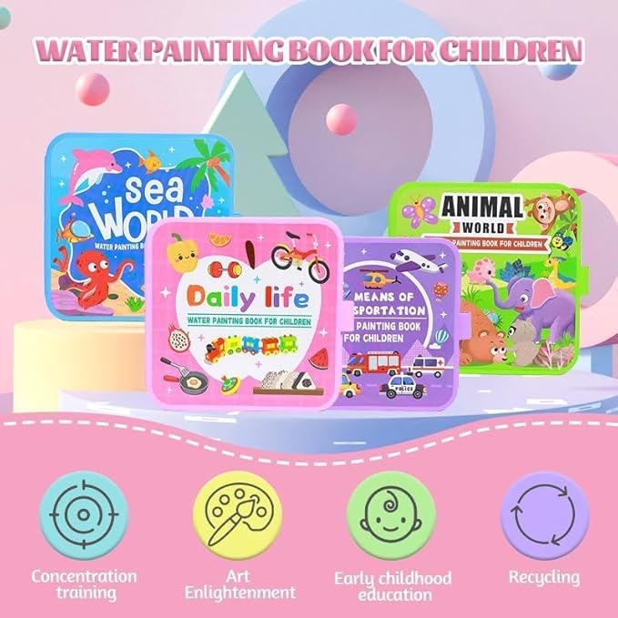 Montessori Mess Free Water Coloring Book, 2026 New Montessori Reusable Water Painting Book, Water Paint Color Book, Requires No Washing, Simply Add Water to Reveal Vibrant Color (D)